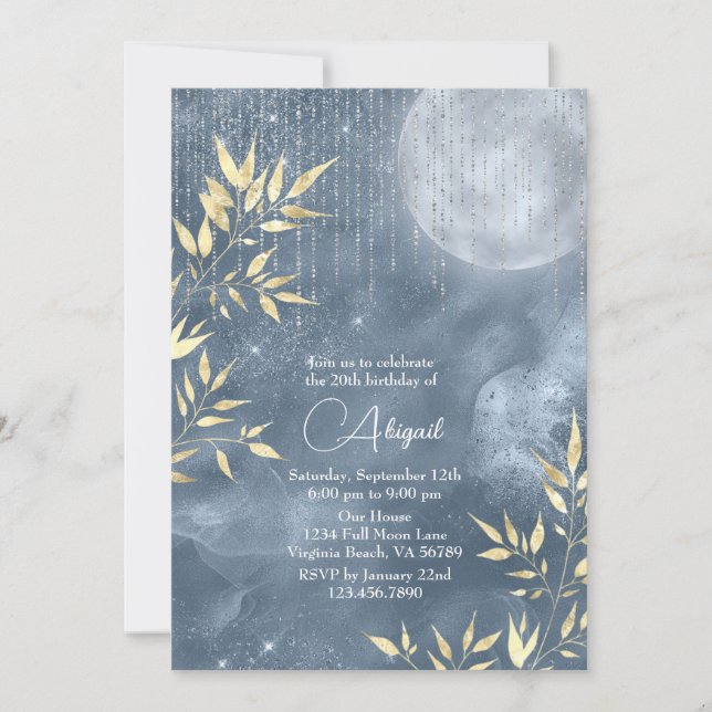 Invitación Boho Glam Blue, Silver, Gold Full Moon Cumpleaños (Anverso)