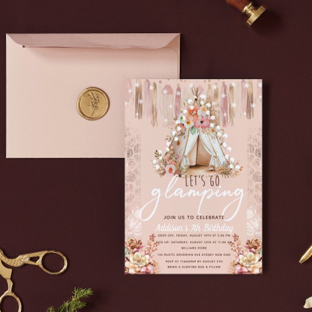 Invitación Boho Glamping Party Pink Elegant  (Subido por el creador)
