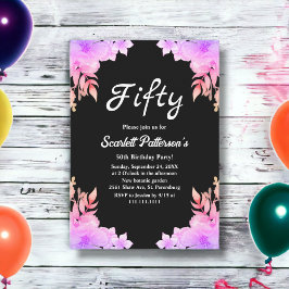 Invitación Boho Glow Neon Colores Floral Negra 50 cumpleaños