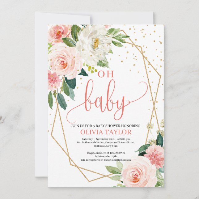 Invitación Boho Gold Geométrico Rubor Floral rosa Oh bebé (Anverso)