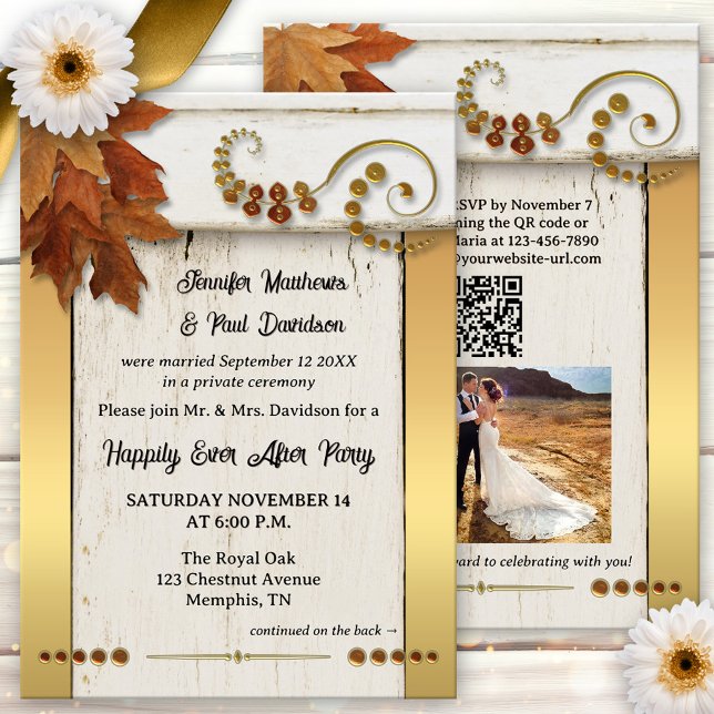 Invitación Boho Gold Hojas de Otoño Felices para Siempre (Boho chic happily ever after wedding party invitation featuring a rustic design with fall leaves)