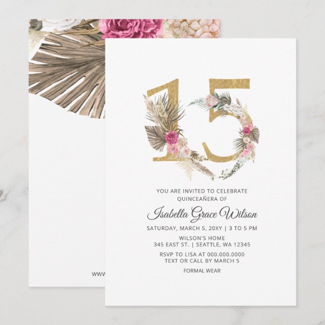 Invitación Boho Gold Pampas QUINCEANERA (Anverso / Reverso)