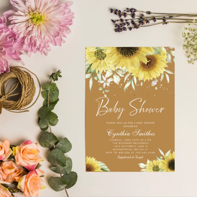 Invitación Boho Gold Purpurina Sunflower Floral Baby Shower (Subido por el creador)