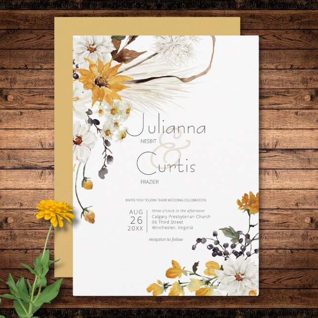 Invitación Boho Golden Yellow Meadow Flores Boda de oro (Boho Golden Yellow Meadow Flowers Gold Wedding Invitation)
