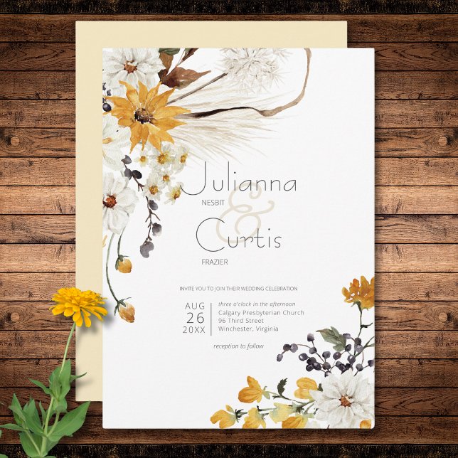 Invitación Boho Golden Yellow Meadow florió Boda amarillo (Boho Golden Yellow Meadow Flowers Yellow Wedding Invitation)