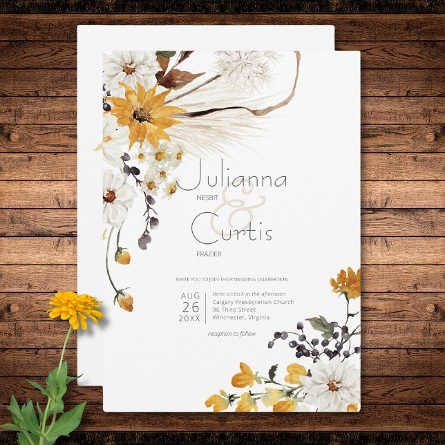 Invitación Boho Golden Yellow Meadow florió Boda blanco (Boho Golden Yellow Meadow Flowers White Wedding Invitation)