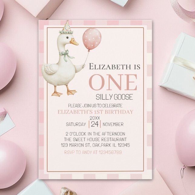Invitación Boho Goose Birthday 1st for Girl – Pink Tartan  (Subido por el creador)