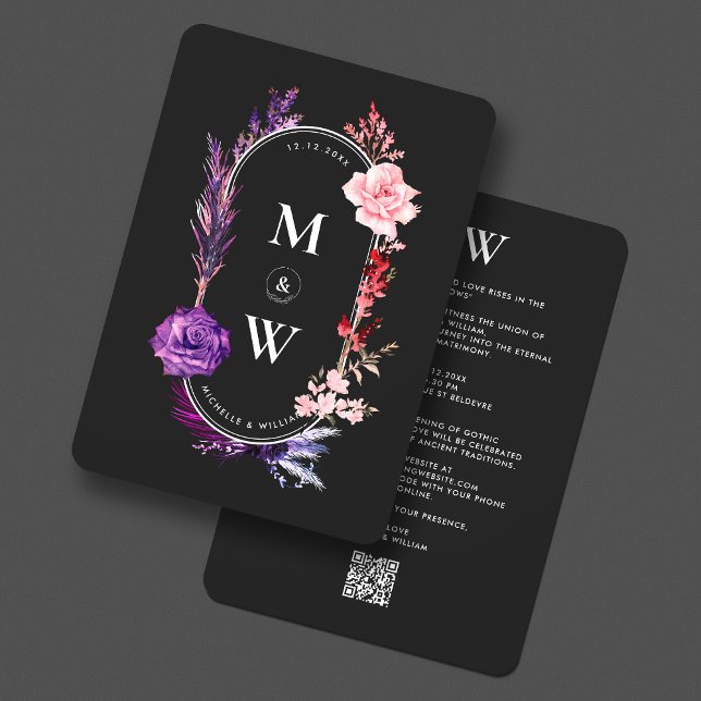 Invitación Boho gótico Boda Purple Pink Floral Elegante (Gothic Boho Wedding Purple Pink Floral Elegant Invitation
)