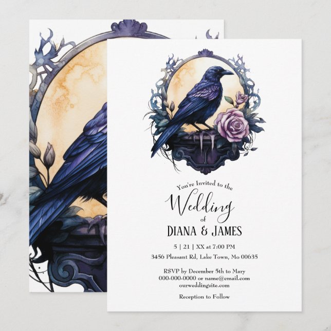 Invitación Boho gótico Floral Raven y Rosa Boda (Anverso / Reverso)