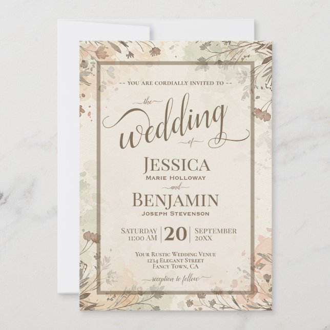 Invitación Boho Grasses & Wildflowers Stylish Script Wedding (Anverso)