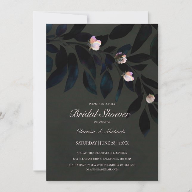 Invitación Boho Gray Gothic Floral Oscuro deja ducha de novia (Anverso)