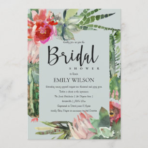 INVITACIÓN BOHO GRAY PINK FLORAL CACTI FOLIAGE BRIDAL DUCHA
