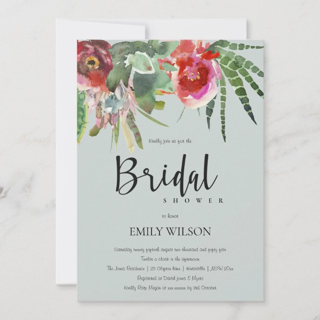 INVITACIÓN BOHO GRAY PINK FLORAL CACTI FOLIAGE BRIDAL DUCHA (Anverso)