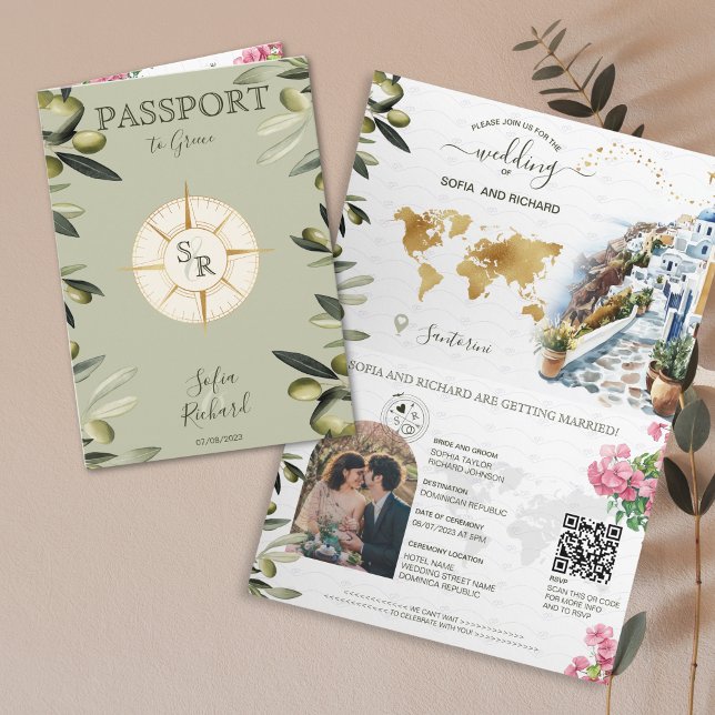 Invitación Boho Grecia Pasaporte de la boda de destino Código (greece passport wedding invitation with olive branches and santorini watercolor illustration)