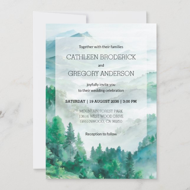 Invitación Boho Green and Blue Watercolor Forest Wedding (Anverso)