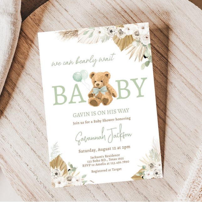 Invitación Boho Green Bear Baby Shower (Gender Neutral Bear Baby Shower Invitation)