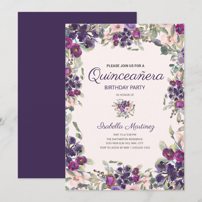 Invitación Boho Green deja la floral púrpura rosa Quinceañera (Anverso / Reverso)