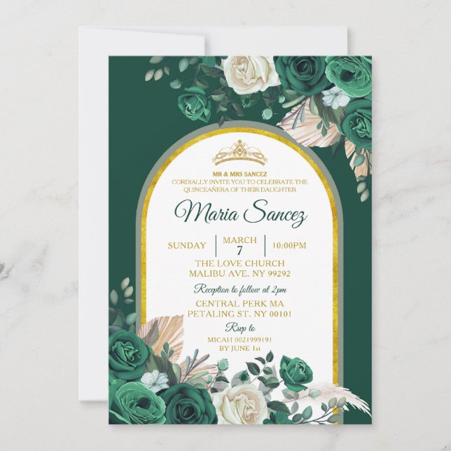 Invitación Boho Green Gold Floral Mexicana Quinceañera (Anverso)