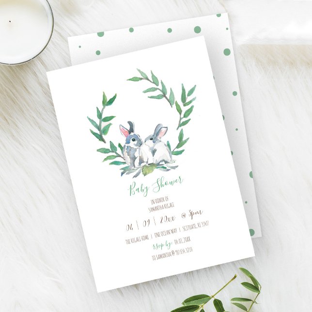 Invitación Boho Green Watercolor Bunny Baby Shower (Baby shower invitation woodland bunny rabbit watercolor art by Victoria Grigaliunas)