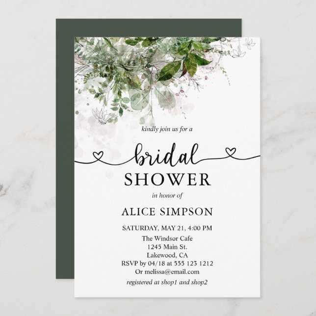 Invitación Boho Greenery Calligraphy Heart Bridal Shower Invi (Anverso / Reverso)