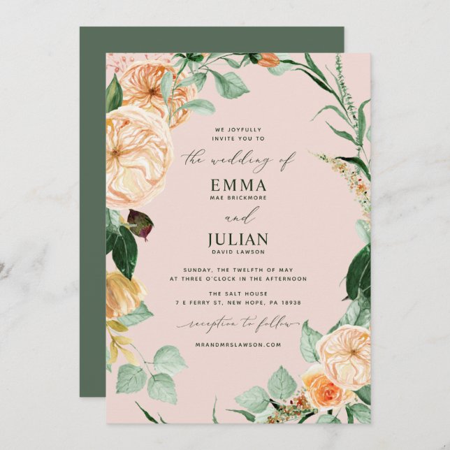 Invitación Boho Greenery Elegante Boda Rosa Rubor (Anverso / Reverso)