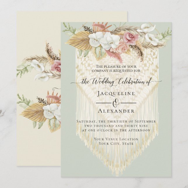 Invitación BOHO Greenery Floral rosa Pampas Mint Boda (Anverso / Reverso)