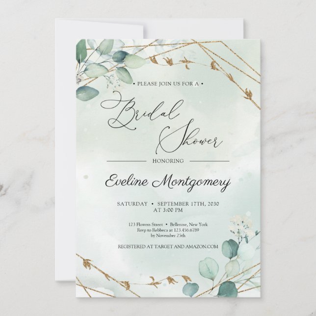 Invitación Boho Greenery Folaige Faux Gold Geometric Bridal (Anverso)