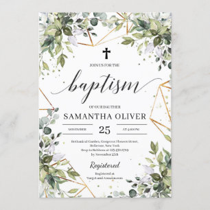 Invitación Boho Greenery follaje eucalipto bautismo de oro