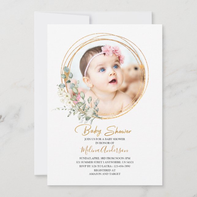 Invitación Boho Greenery Gold Frame acuarela ducha de bebé (Anverso)