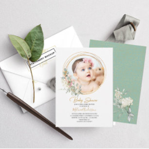 Invitación Boho Greenery Gold Frame acuarela ducha de bebé