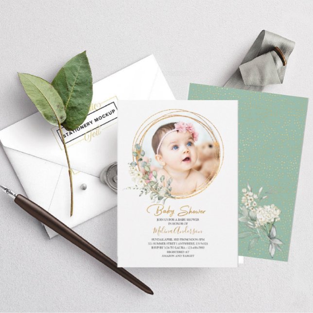 Invitación Boho Greenery Gold Frame acuarela ducha de bebé (Subido por el creador)