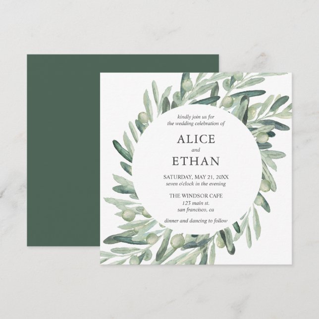 Invitación Boho Greenery Olive Leaves Boda (Anverso / Reverso)