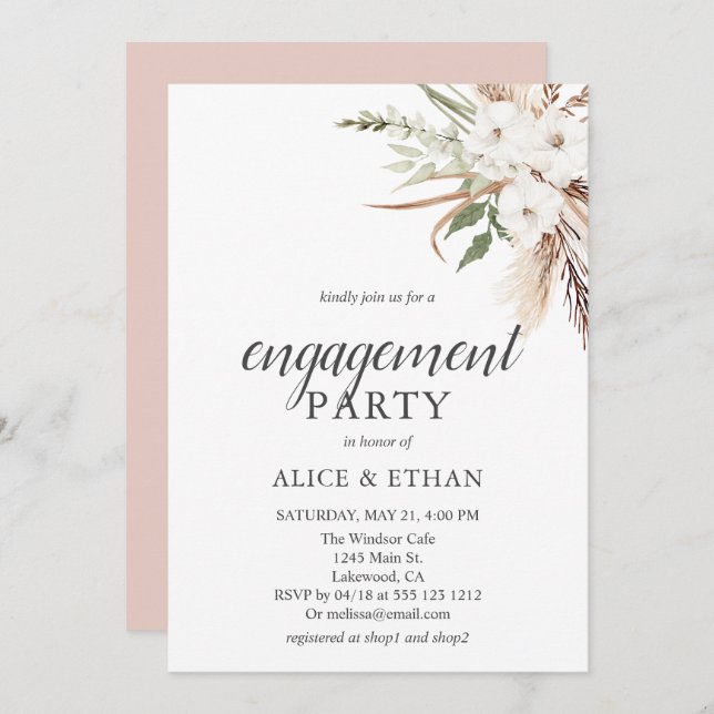 Invitación Boho Greenery Pampa Grass Engagement Party (Anverso / Reverso)