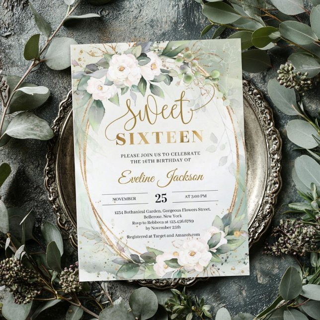 Invitación Boho Greenery rosas blancas Relieve metalizado de  (Greenery white roses gold foil oval sweet 16 invit invitation)