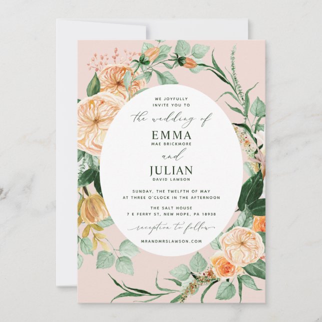 Invitación Boho Greenery Rubor Boda Floral Rosa (Anverso)