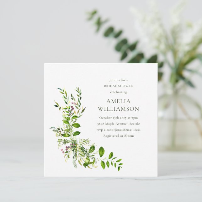 Invitación Boho Greenery Watercolor Floral Bridal Shower (Anverso de pie)