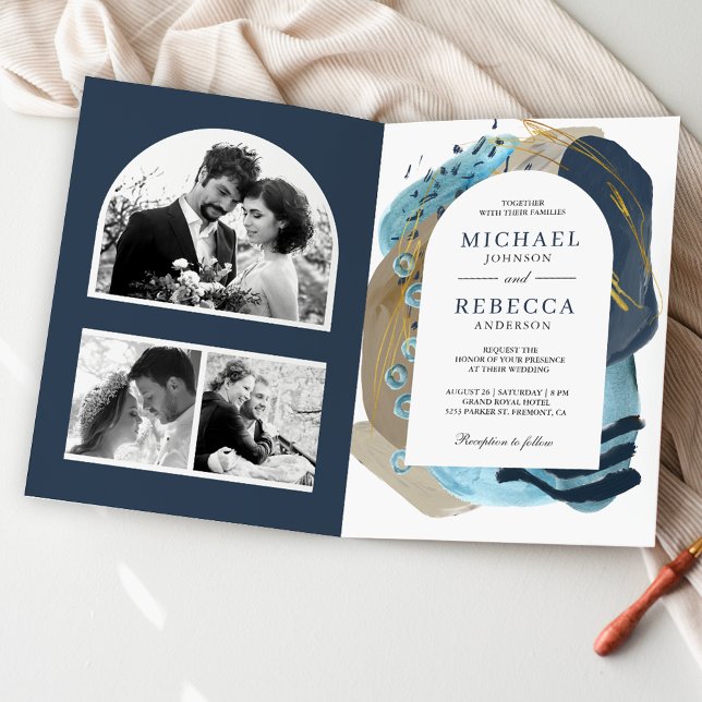 Invitación Boho Gris Azul Marino Pinceladas Código QR Boda (Subido por el creador)