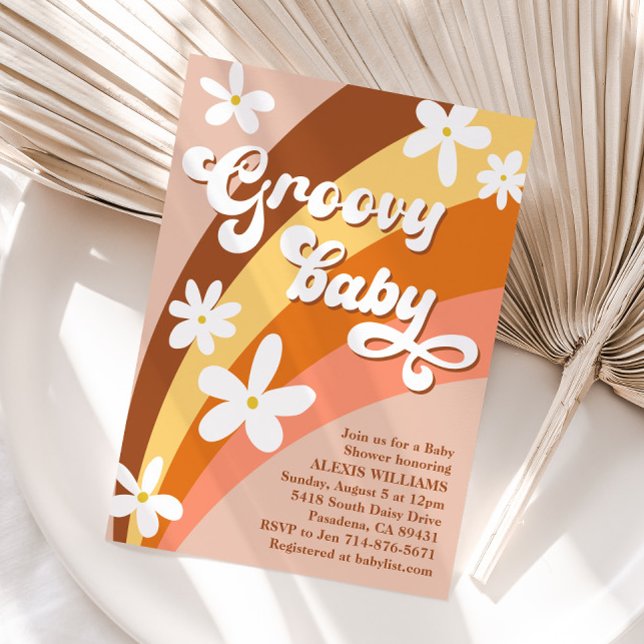Invitación Boho Groovy Retro Daisies Rainbow Baby Shower (Subido por el creador)
