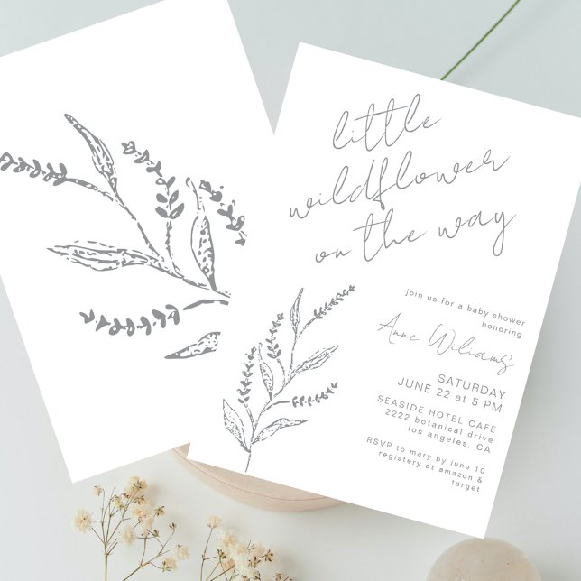 Invitación Boho Hand-drawn Wildflower White Grey Baby Shower (Subido por el creador)