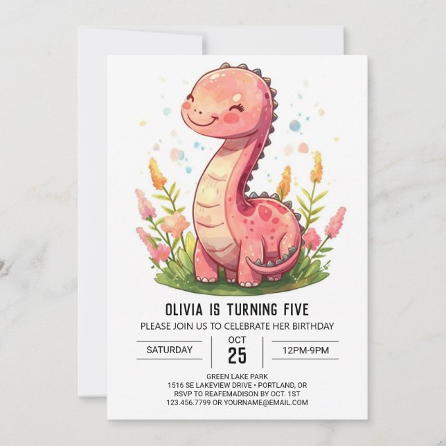 Invitación Boho Happy Pink Dinosaur Chica Cumpleaños (Anverso)