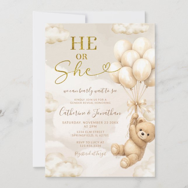 Invitación Boho He Or She Beige Balloons Bear Gender Reveal (Anverso)