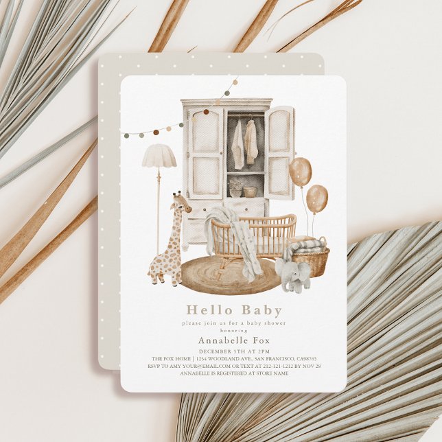 Invitación Boho Hello Baby Nursery Wardrobe Crib Baby Shower (Subido por el creador)