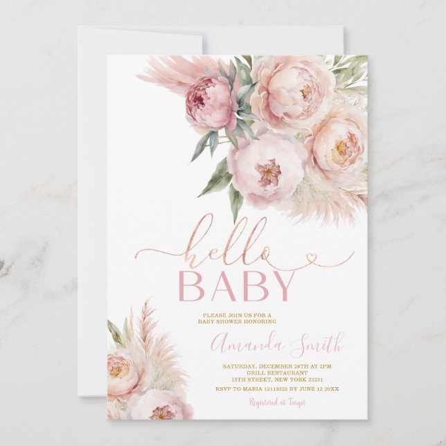 Invitación Boho Hello Baby Pink Roses Floral Chica Baby Showe (Anverso)