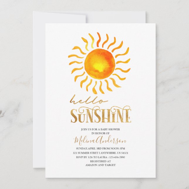 Invitación Boho Hello Sunshine acuarela ducha bebé (Anverso)