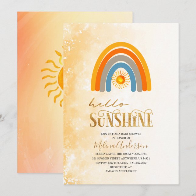 Invitación Boho Hello Sunshine acuarela ducha bebé (Anverso / Reverso)