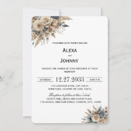 Invitación Boho Hierba de Pampas Florales Azules Elegantes