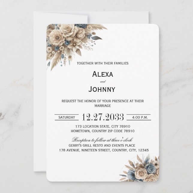 Invitación Boho Hierba de Pampas Florales Azules Elegantes (Anverso)