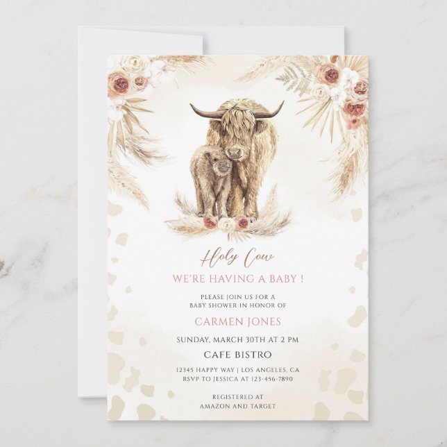Invitación Boho Highland Cow Baby Shower (Anverso)