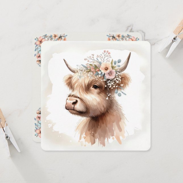 Invitación Boho Highland Cow Con Flores Bridales (Anverso/Reverso In Situ)