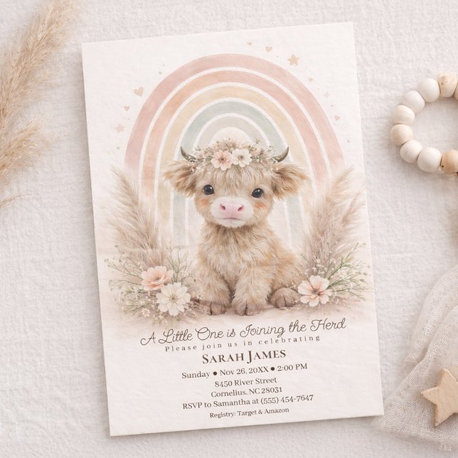 Invitación Boho Highland Cow Neutral Rainbow Baby Shower (Subido por el creador)